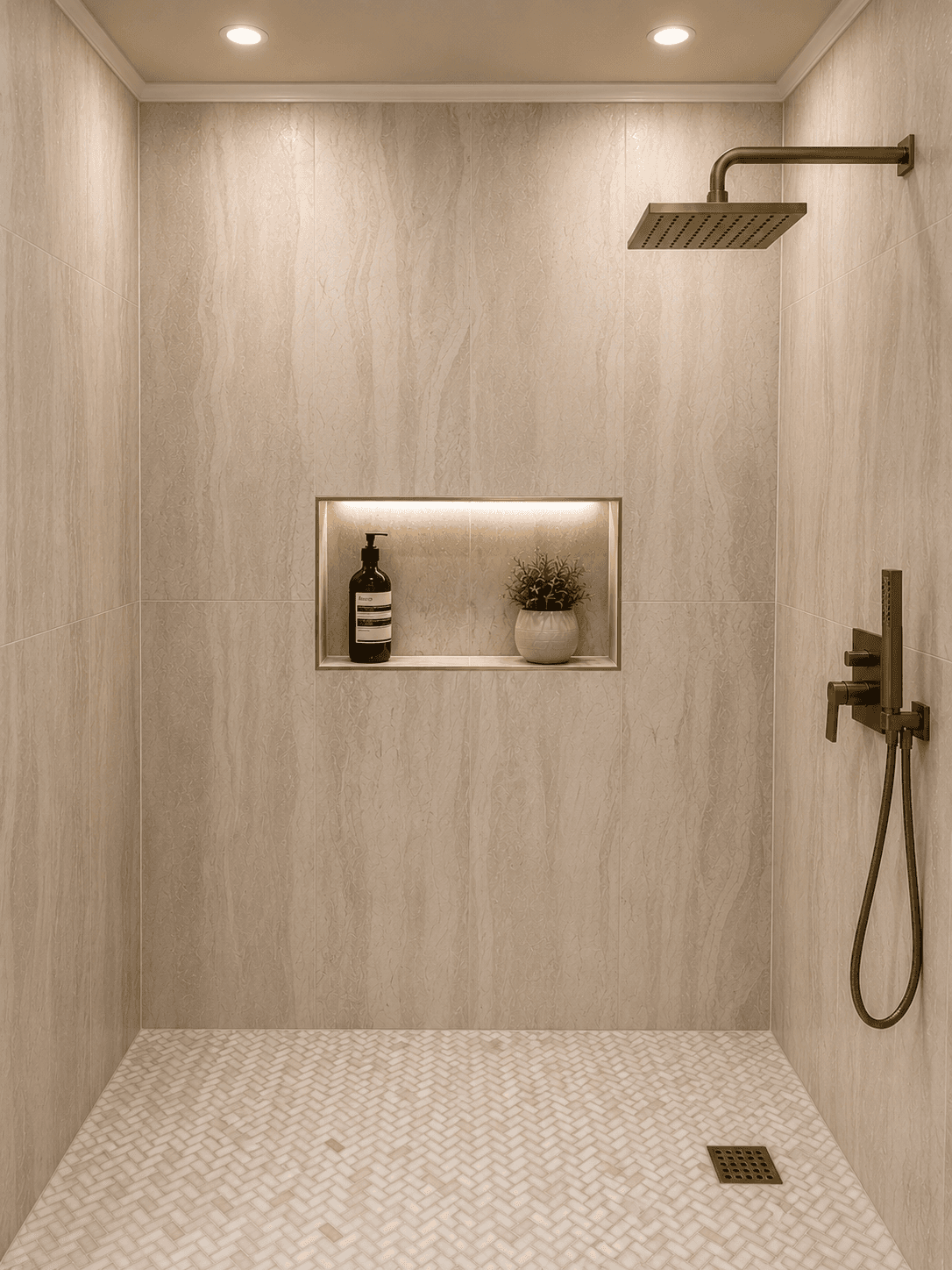Minimalist luxury shower with warm accents